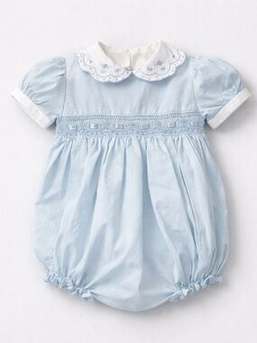 FriedKnit Creations blue smocked embroidered scallop collar bubble romper 9m